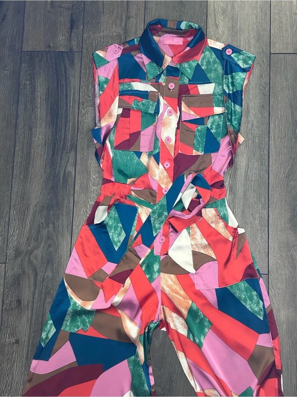 Colorful Abstract Print Wide Leg Jumpsuit Belted Resort Vacation M - Picture 2 of 16